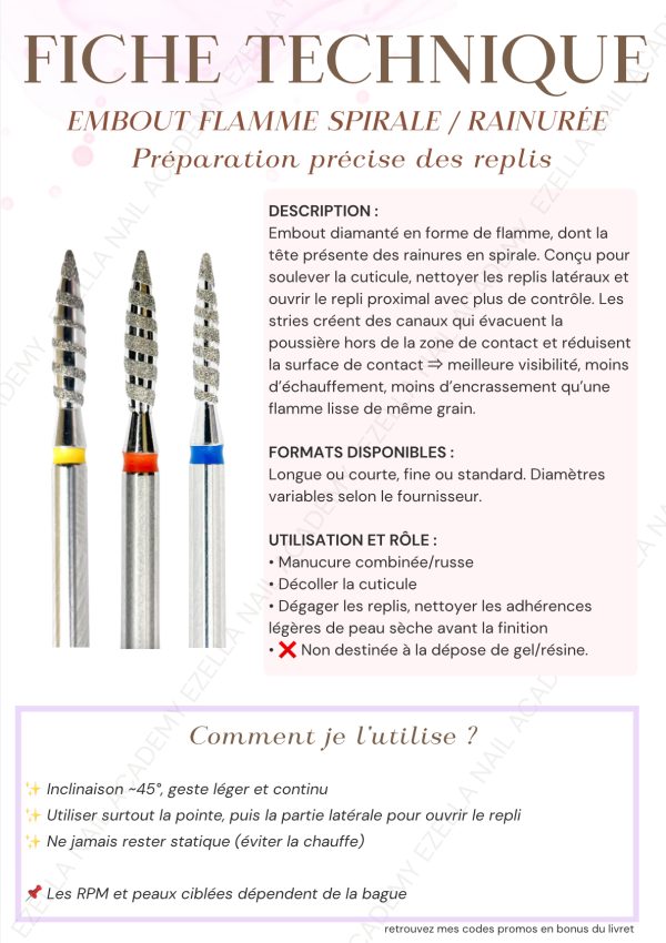 Flamme spirale rainurée pour manucure : préparation précise des replis cuticulaires, travail doux à bas RPM.