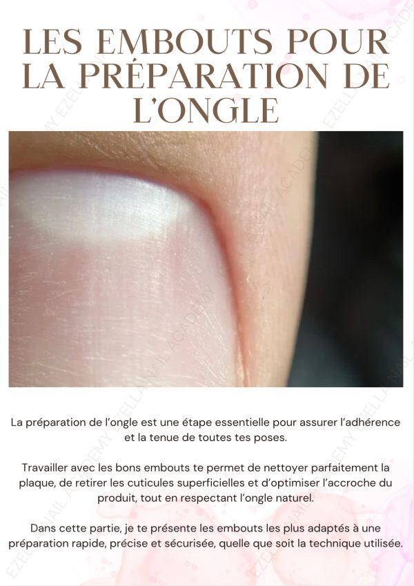 Préparation de la plaque unguéale : nettoyage de surface et retrait des cuticules superficielles avant la pose.